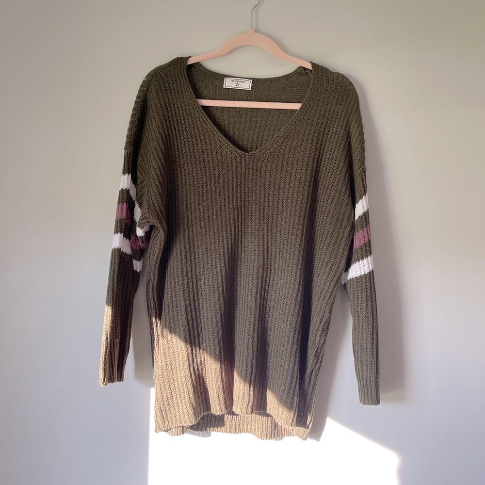 Forrest Green Striped Sleeve Sweater